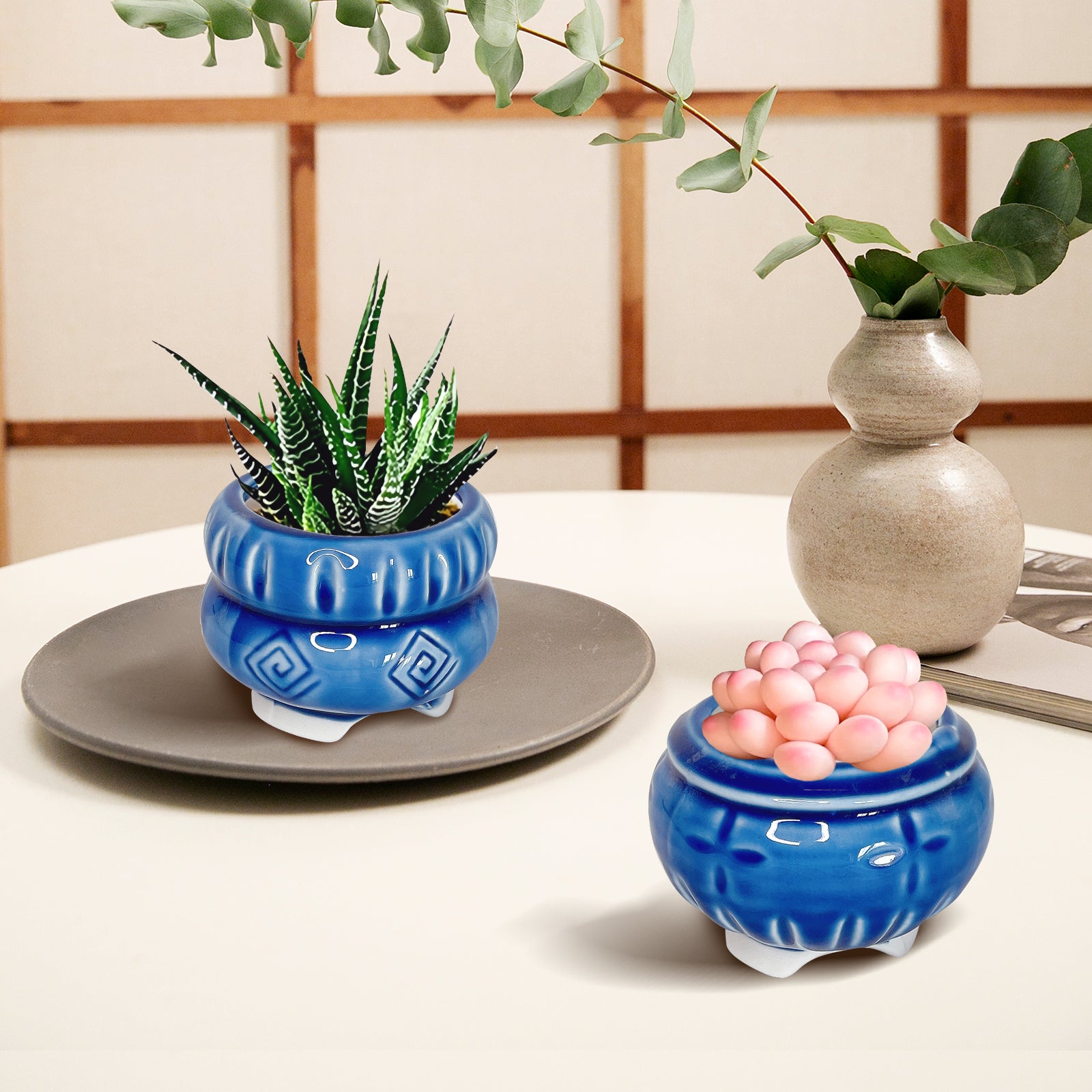 Blue Ceramic Plant Pot, Ice Blue Stamped Indoor Planter Pot