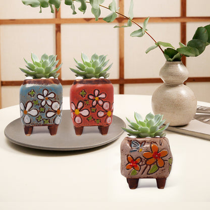 Floral Plant Pot, Hand Painted Planter Pots, Square Clay Plant Pots