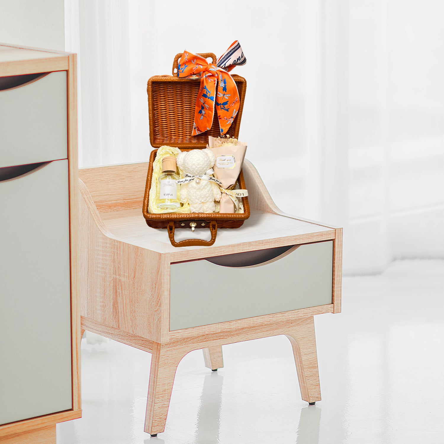 Beautiful Suitcase Gift Basket with Reed Diffuser, Soap Flower &amp; Soft Teddy Towel
