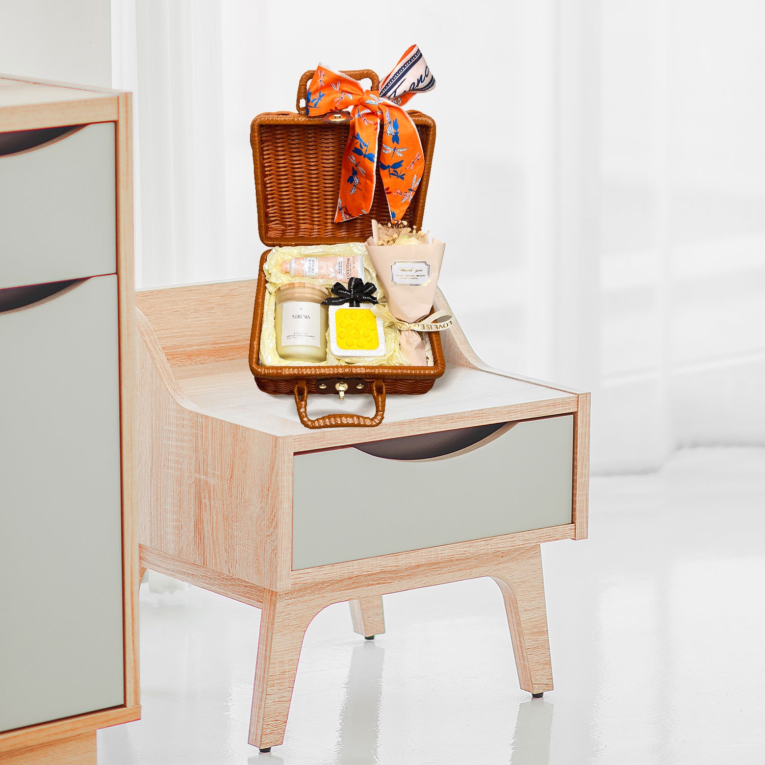 Chic Suitcase Gift Basket with Jar Candle, Flower Petal Ornament &amp; Luxurious Hand Cream