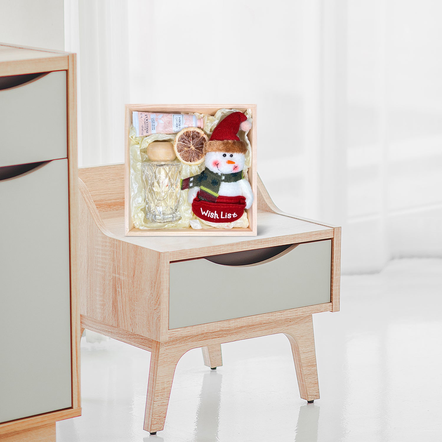 Charming Winter Gift Basket with Crystal Diffuser, Hand Cream &amp; Snowman Plush Toy