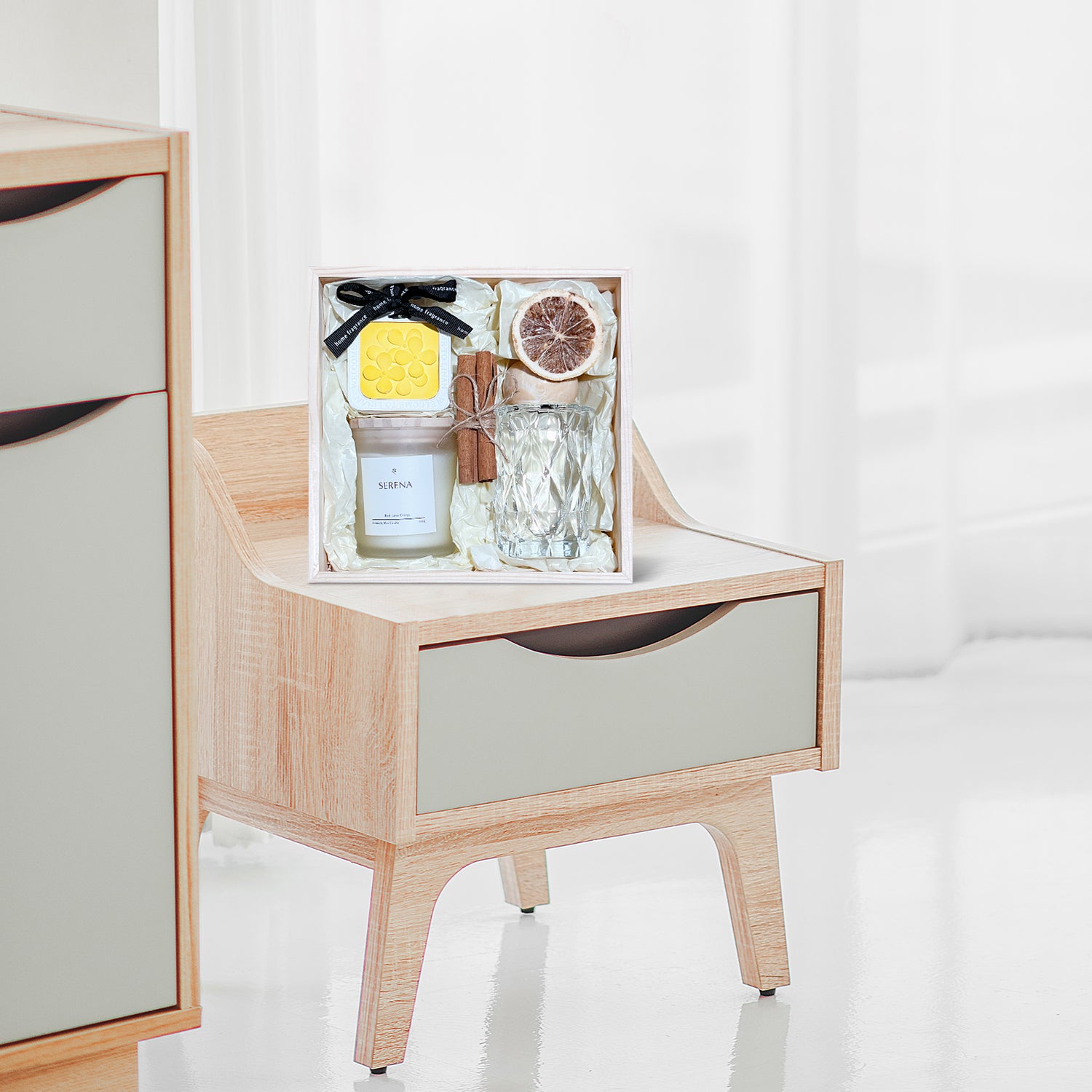 Luxury Wooden Gift Basket with Serena Scented Candle, Reed Diffuser &amp; Hanging Ornament