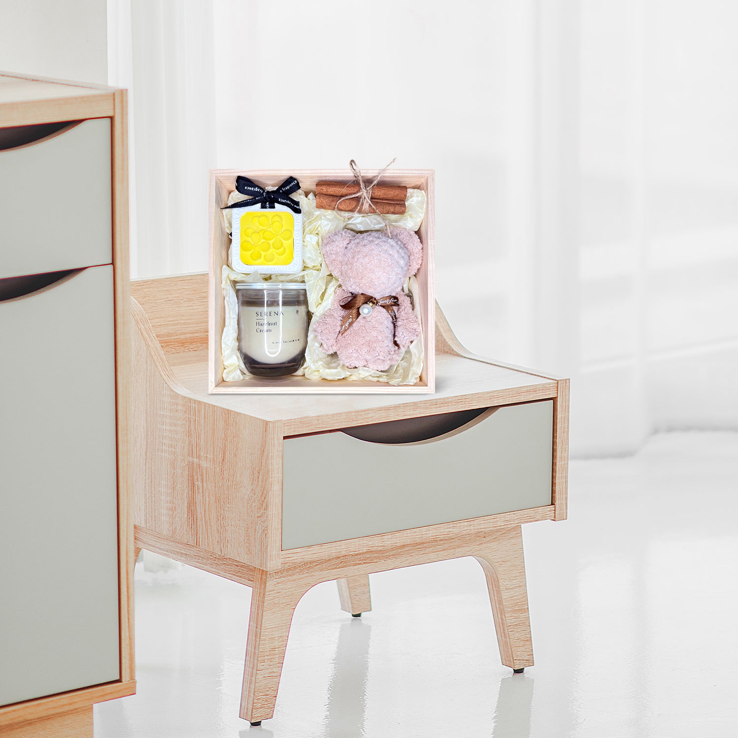 Thoughtful Gift Basket with Jar Candle, Cute Teddy Towel, Ornament &amp; Floral Decorations