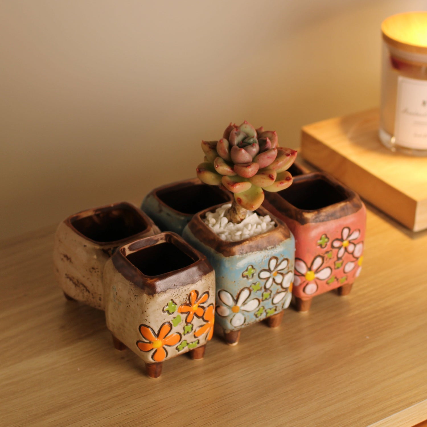 Floral Plant Pot, Hand Painted Planter Pots, Square Clay Plant Pots