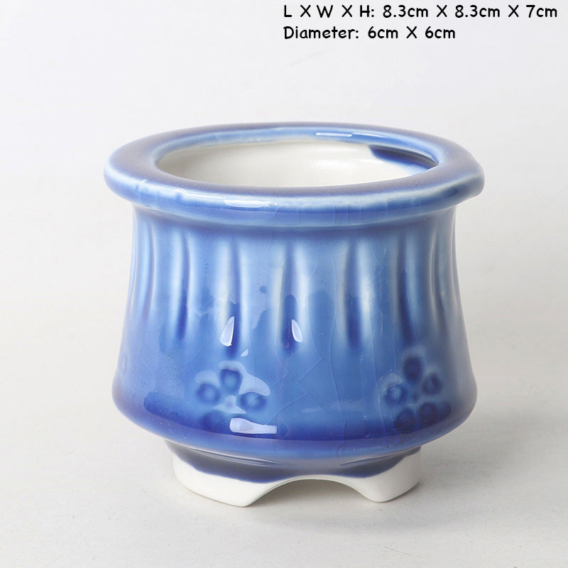 Blue Ceramic Plant Pot, Ice Blue Stamped Indoor Planter Pot