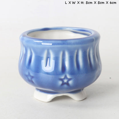 Blue Ceramic Plant Pot, Ice Blue Stamped Indoor Planter Pot