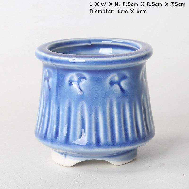 Blue Ceramic Plant Pot, Ice Blue Stamped Indoor Planter Pot