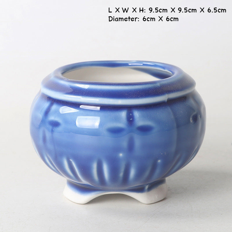 Blue Ceramic Plant Pot, Ice Blue Stamped Indoor Planter Pot
