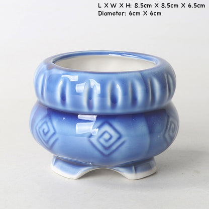 Blue Ceramic Plant Pot, Ice Blue Stamped Indoor Planter Pot
